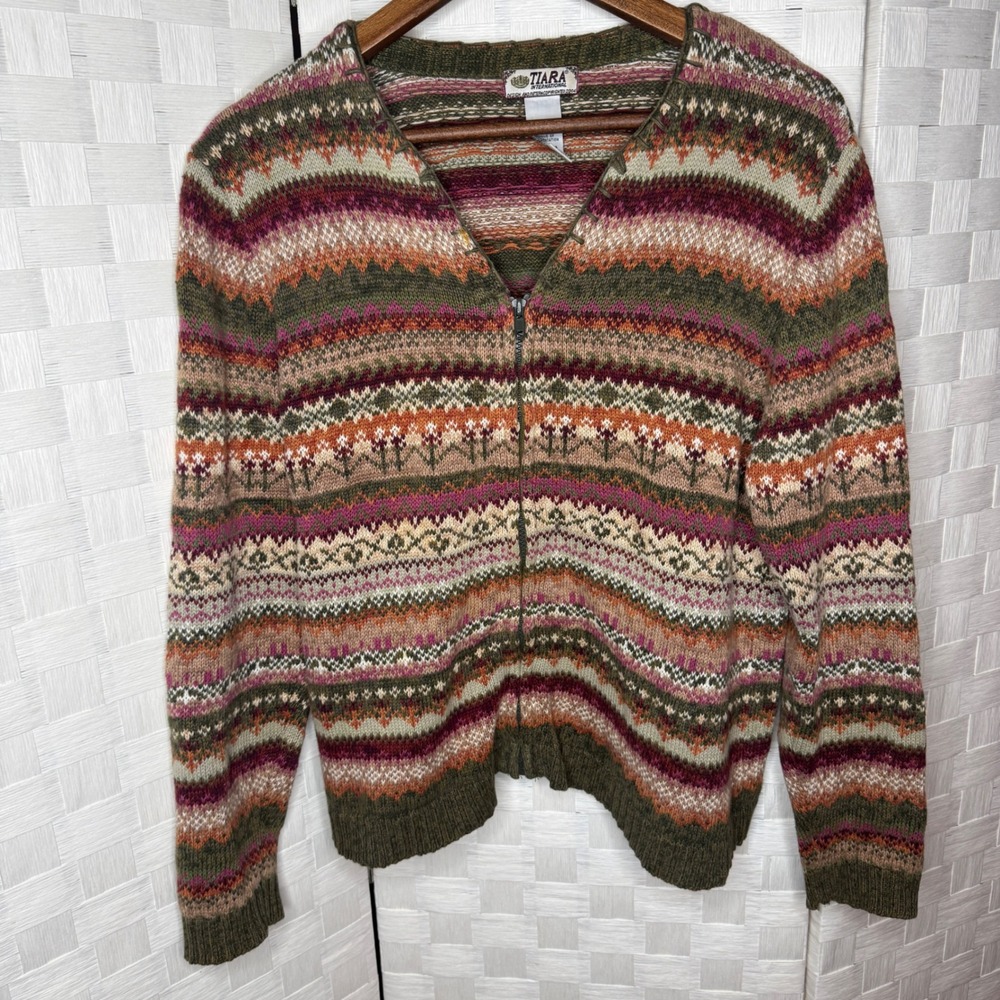 2004 Vintage Whimsy CottageCore Fair Isle Full Zip Cardigan Sweater Olive Earthy